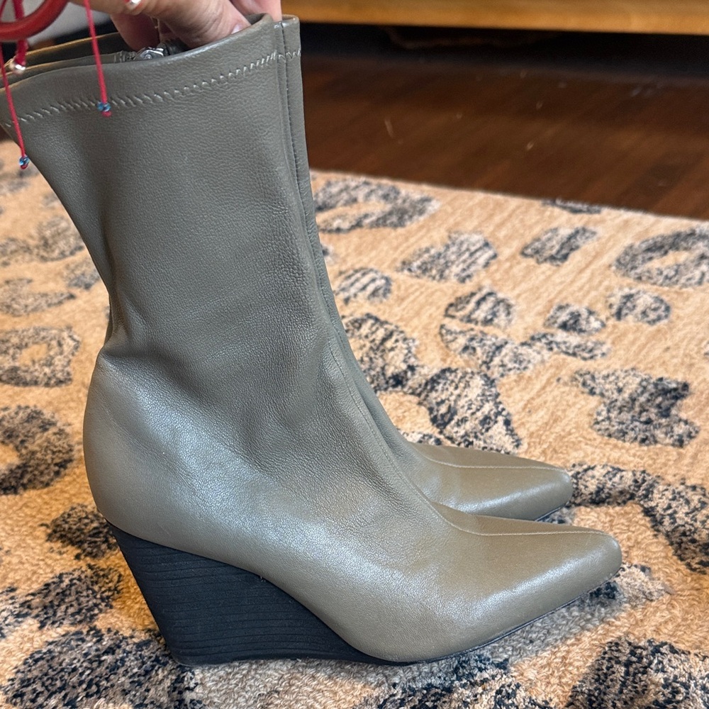 rag & bone Olive Gray Leather Pointed Wedge Ankle Boot
